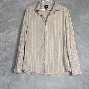 H&M Slim Fit Linen Blend Striped Button Down Shirt Tan White Medium Vacation